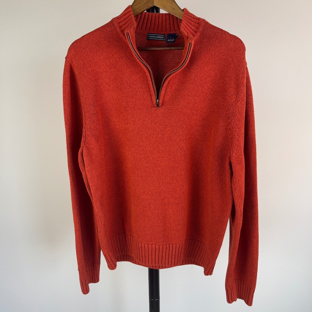 Saddlebred Mens Orange Quarter Zip Pullover Cotton Knit Sweater Large